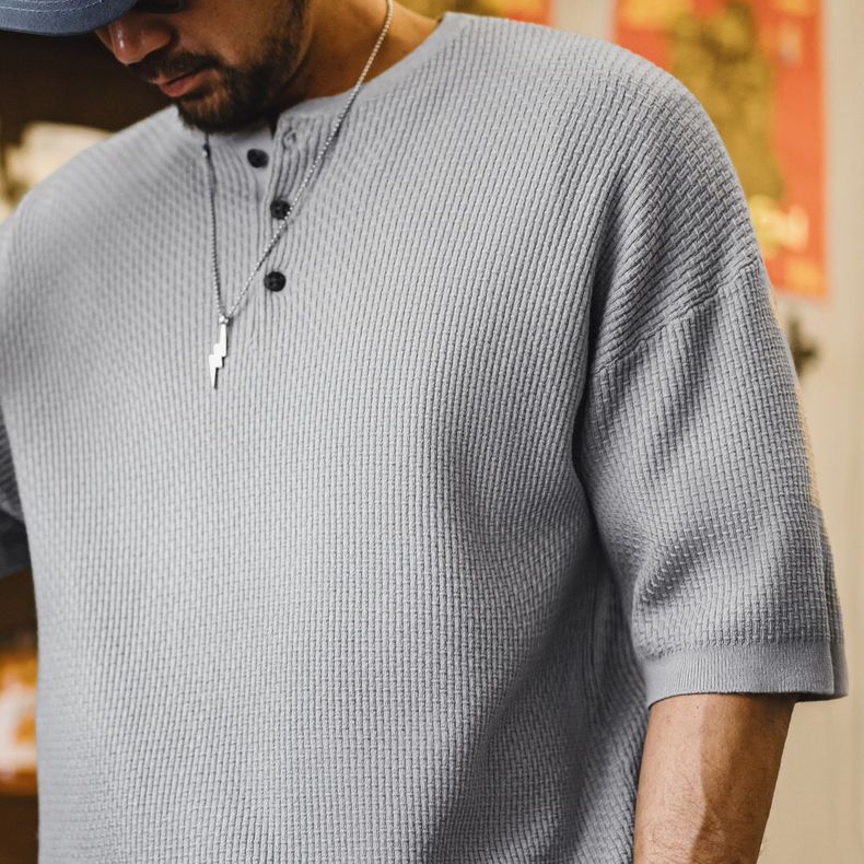 American Style Old Money Style Bamboo Knot Henry Collar Hanging Feeling Knitted Loose Half Sleeved T-Shirt