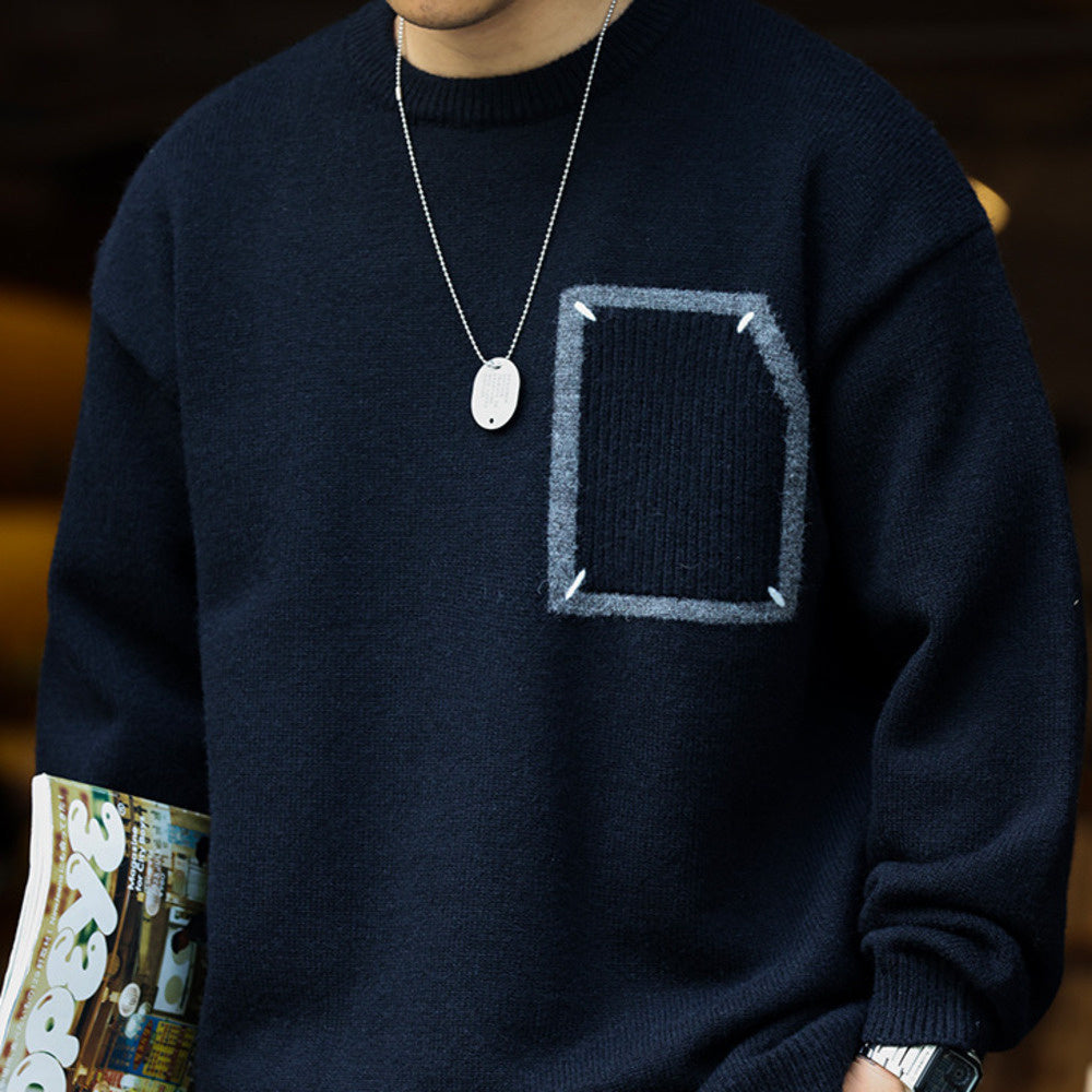 Casual 800g Heavyweight Patchwork Sweater Loose Thick Slouchy Niche Crew Neck Knit