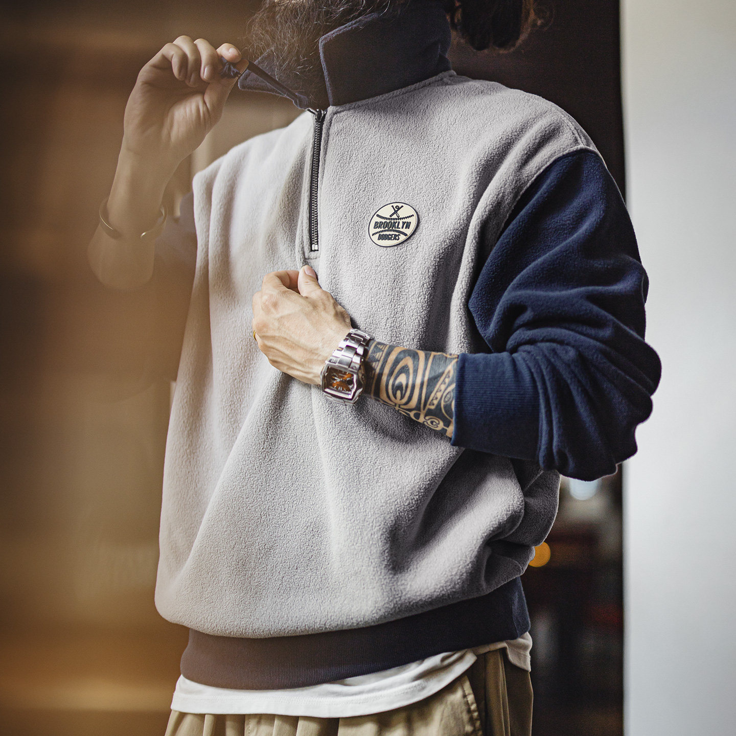 American Style Fleece Half Open Hoodie College Style Polo Collar Contrasting Color Pullover Warm Jacket