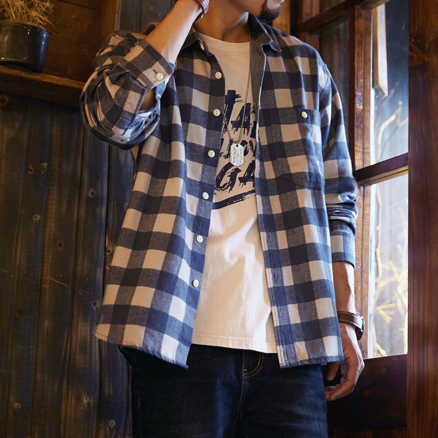 2025 Autumn New American Relaxation Men's Lyocell Blue Checkered Shirt