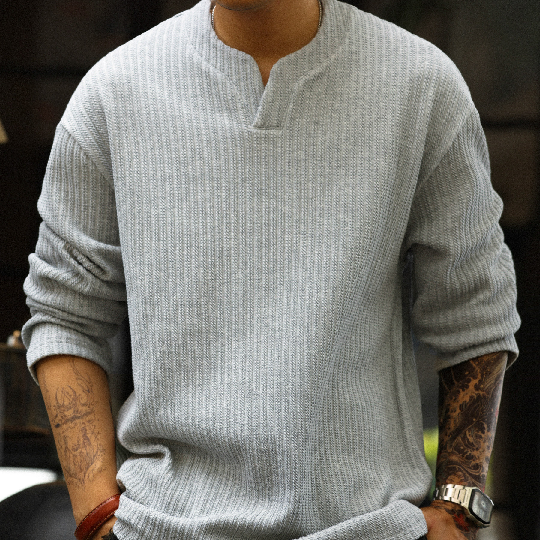 American Jacquard Small V-neck Men's 330g Stacked Long Sleeve T-shirt