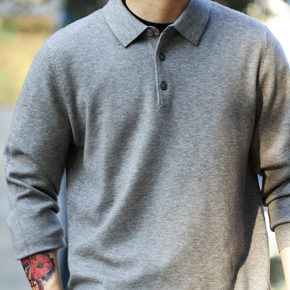 Casual long sleeved polo collar cotton wool sweater solid color lapel self heating warm knit top