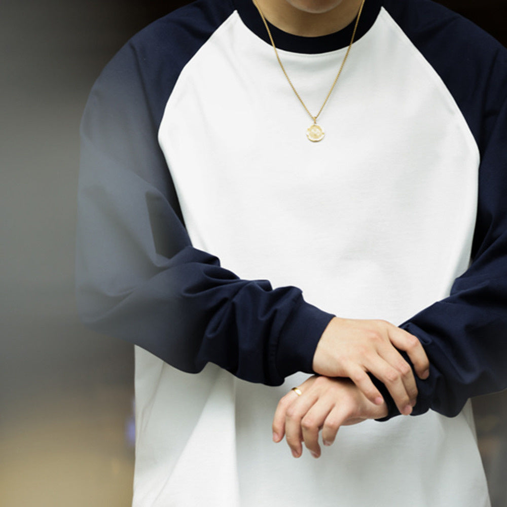 300g pure cotton contrasting shoulder length long sleeved T-shirt, loose base version base shirt