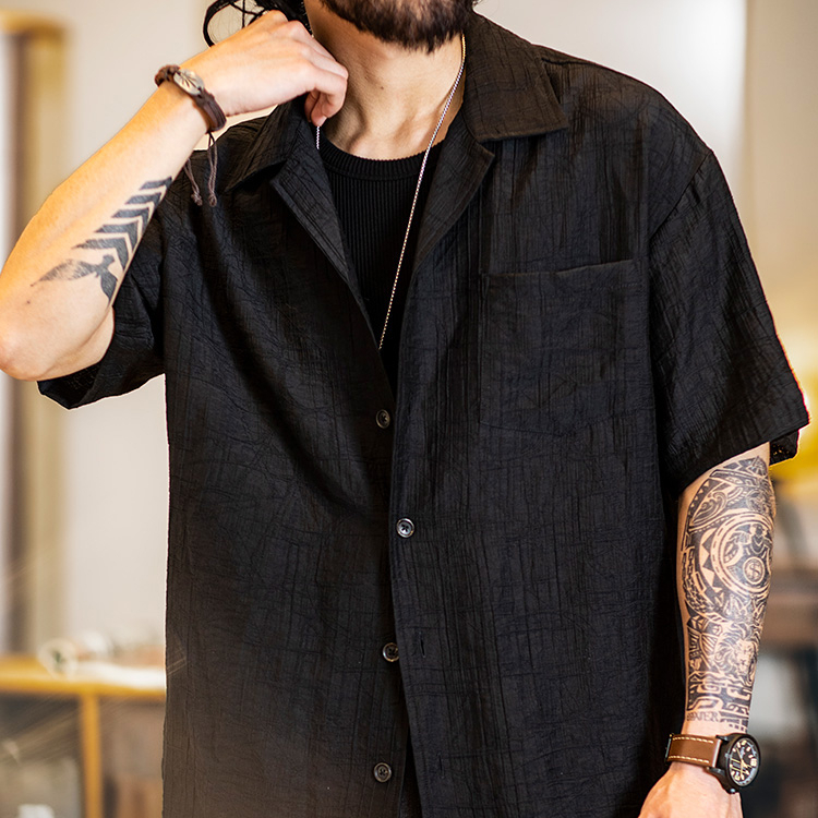 American retro Cuban collar jacquard men's summer short sleeved shirt