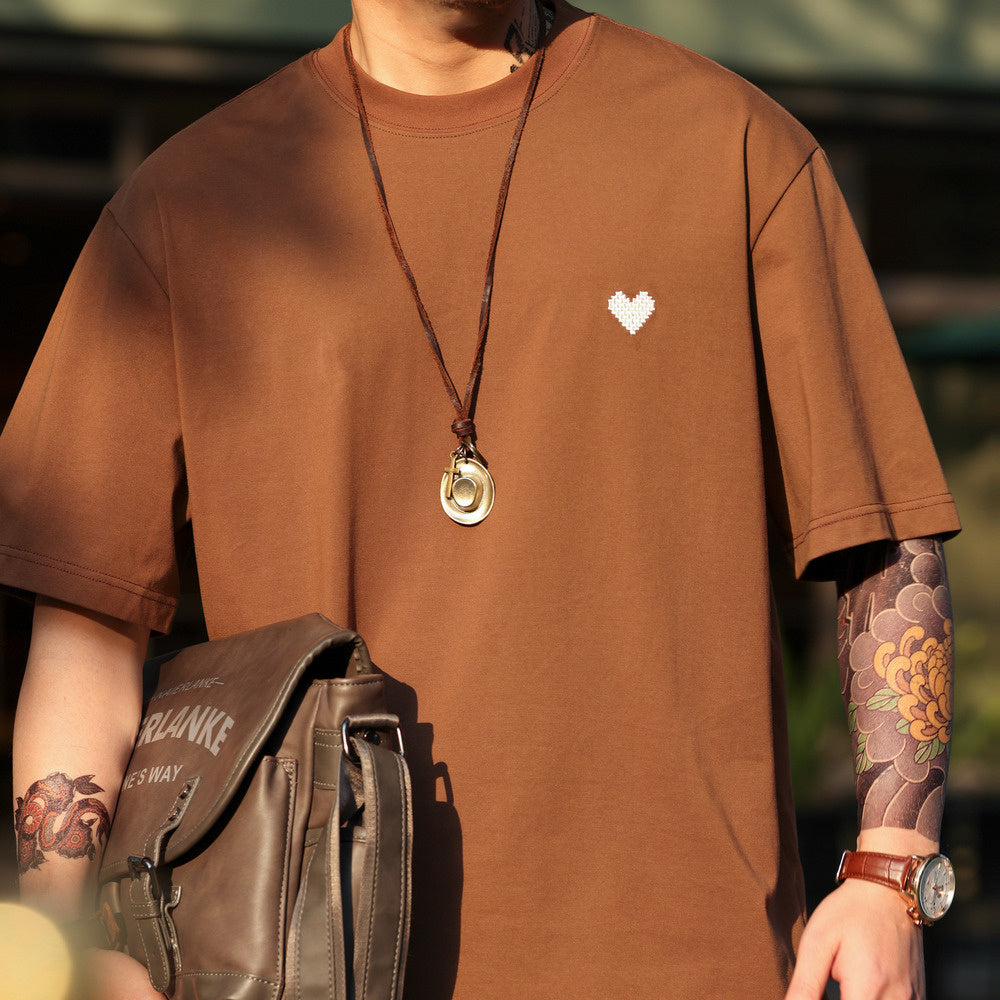 American casual heart-shaped embroidered men's loose 220g short sleeved T-shirt