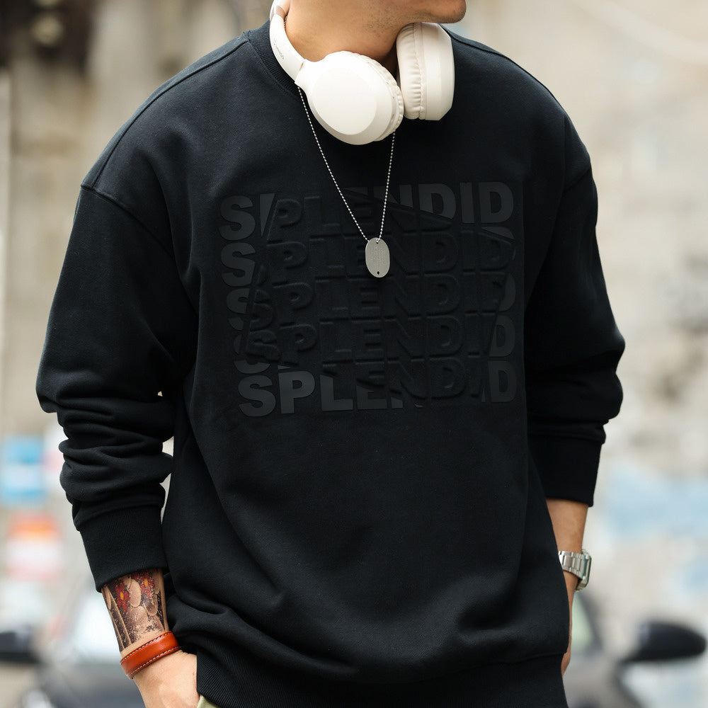 Retro fleece letter printed round neck sweatshirt loose 480g heavyweight long sleeved casual top