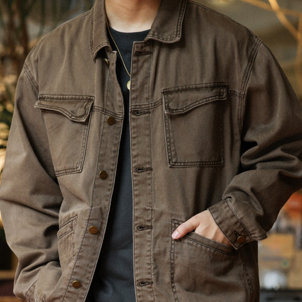 Atsu wash off hunting jacket men's multi pocket loose brown Detroit ja