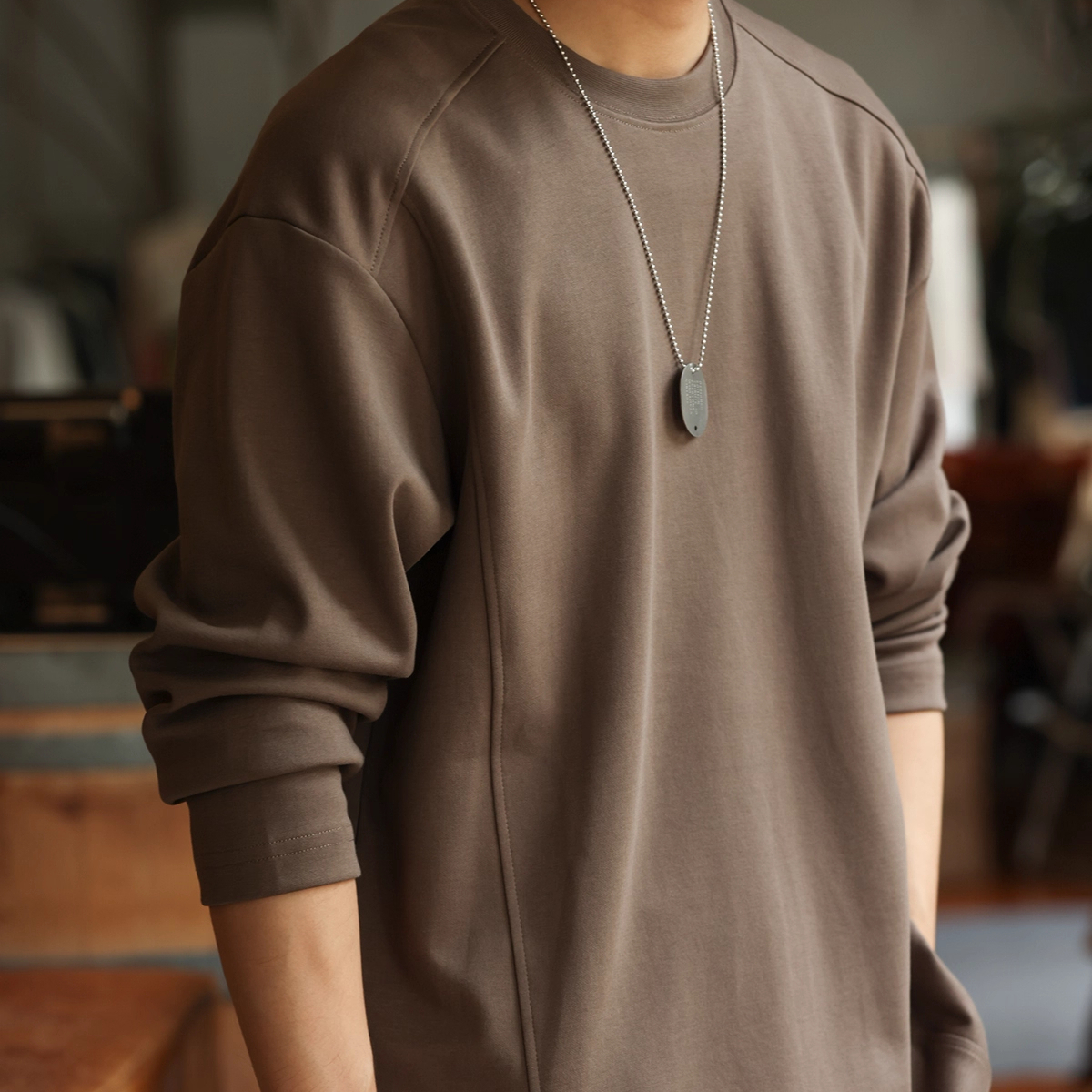 American Casual 280g Spliced Men'S Saddle Shoulder Cleanfit Long Sleeved T-Shirt