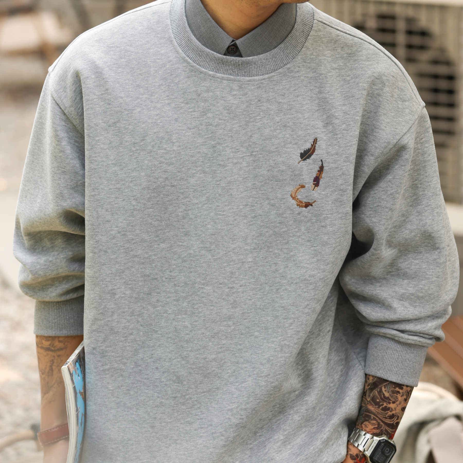 American retro 420g embroidered round neck men's casual sweatshirt