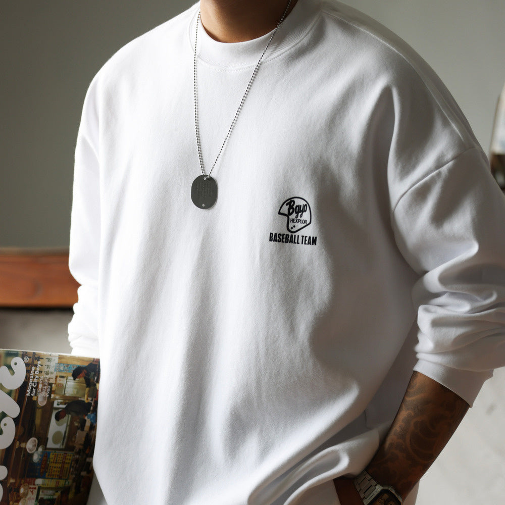 Casual Printed 300g Heavyweight Long Sleeve T-Shirt Milled Wide Small Neckline White Bottom Shirt