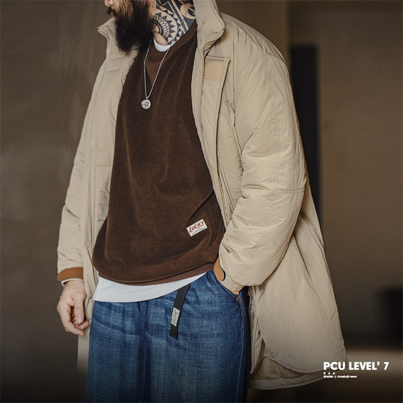 Maden Retro PCU Texture Stand Collar Mid-Length Hooded Cotton Jacket