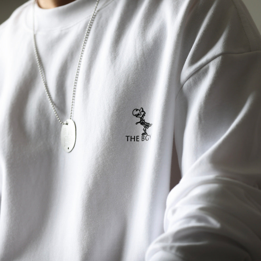 BGYO Fun Dinosaur Long Sleeve T-shirt for Men, Loose 300g, Small Collar, American Casual White Base Shirt