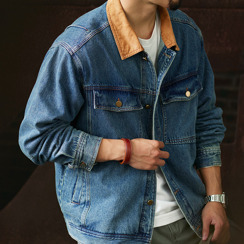 American Retro Contrasting Corduroy Men'S New Loose Collared Denim Jacket