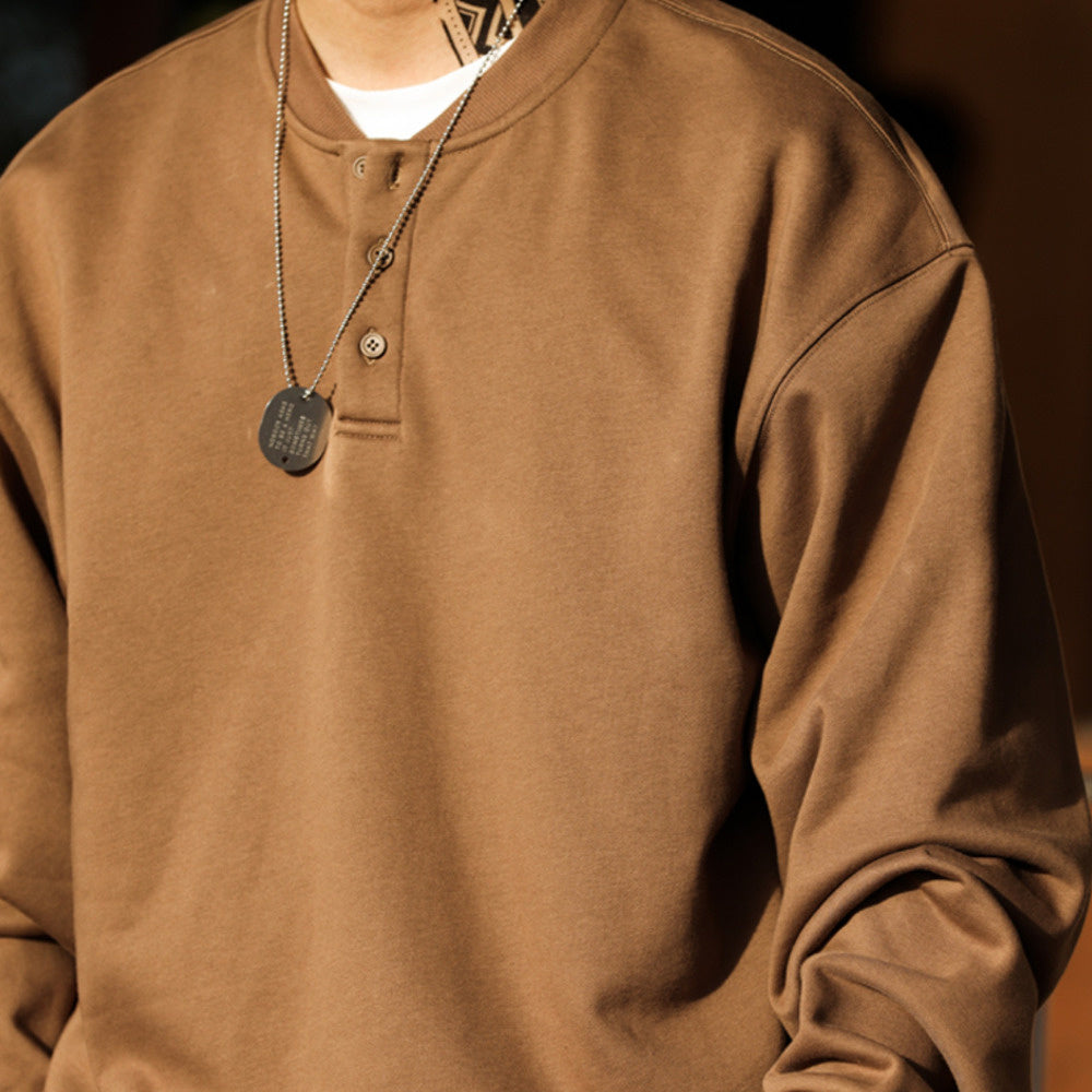 Casual Henry collar looped bottom hoodie, deep khaki clean fit long sleeved base shirt