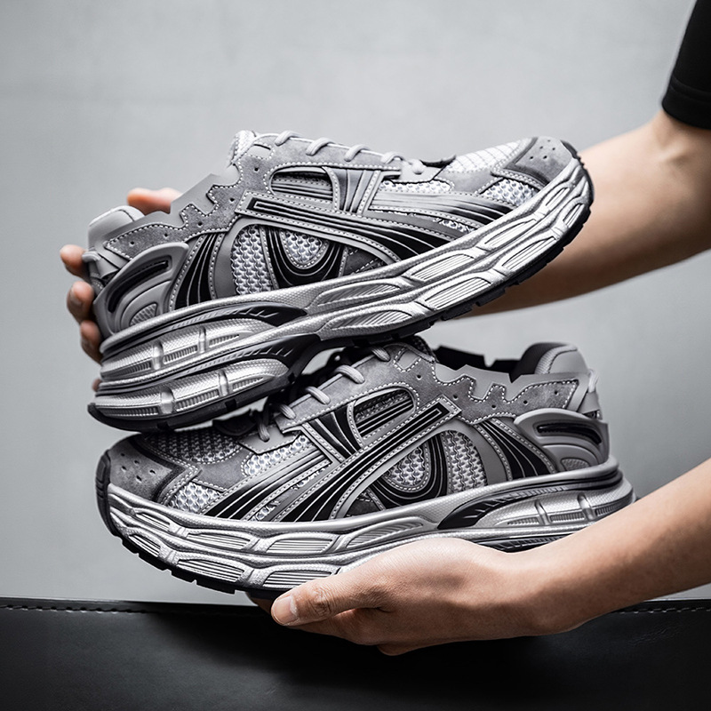 Mech Style Breathable Silver Retro Thick Soled Height Increasing Sports Shoes