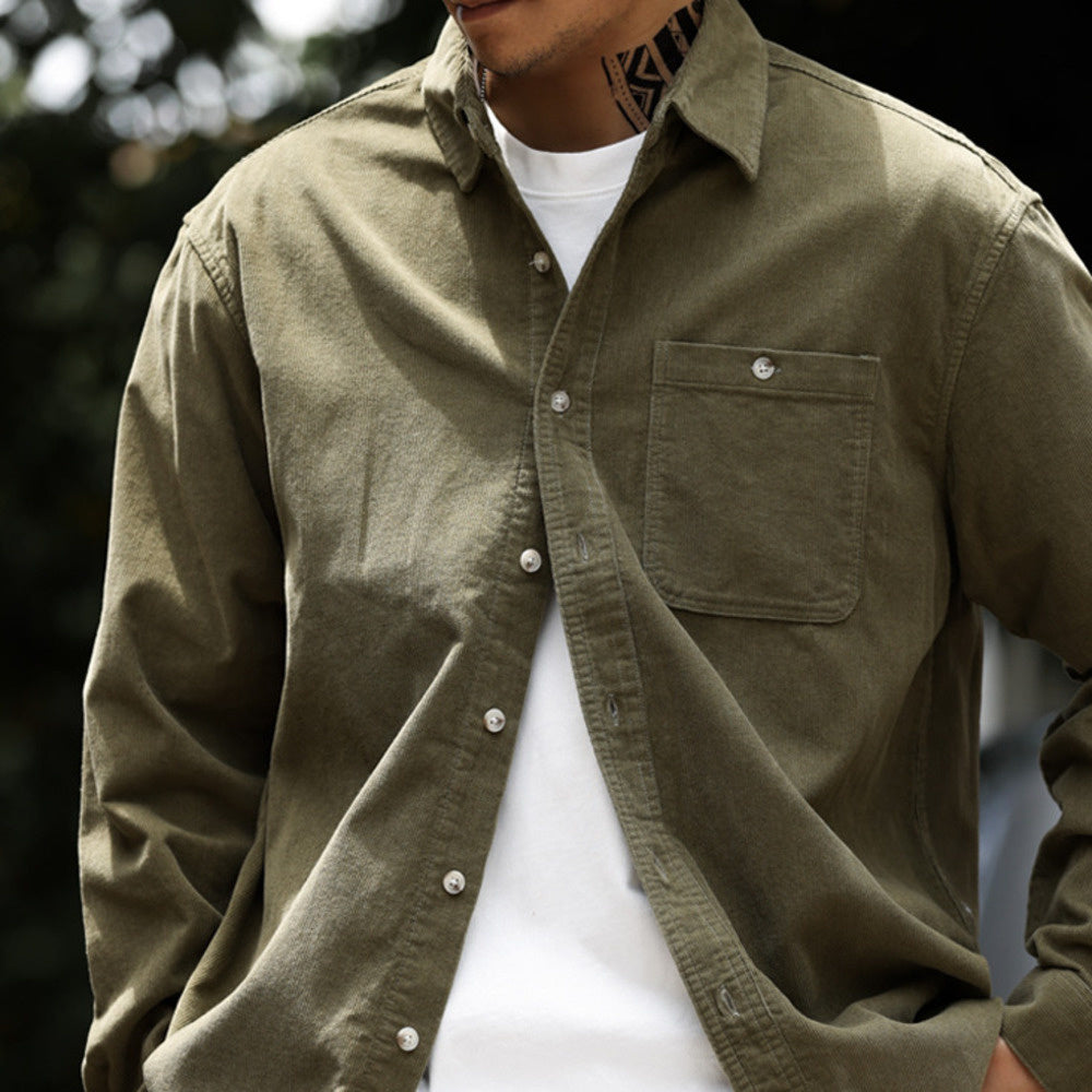 Collar corduroy long sleeved shirt for men, slightly wide casual drape texture shirt jacket