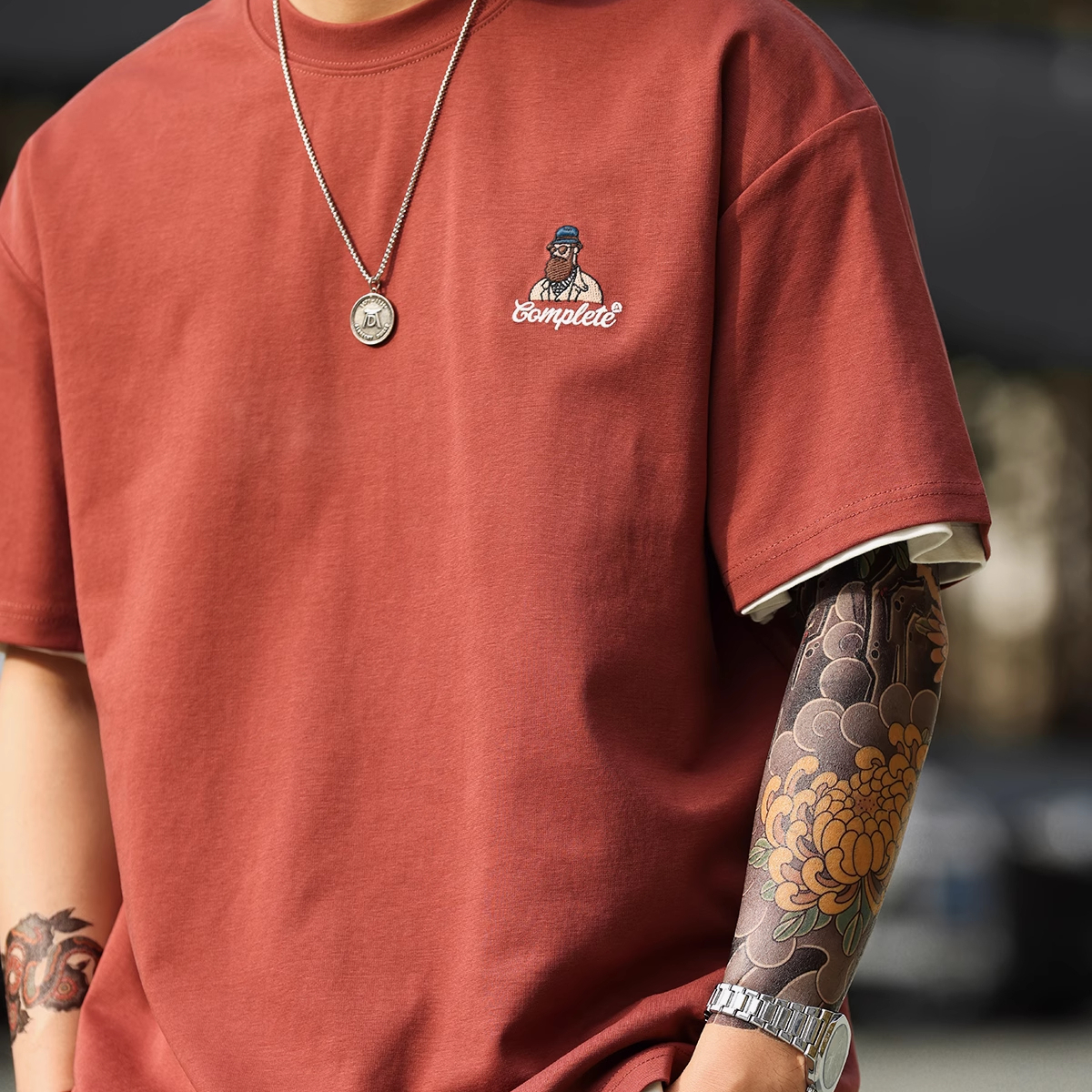 American casual fun embroidery 210g cotton short pulled T-shirt