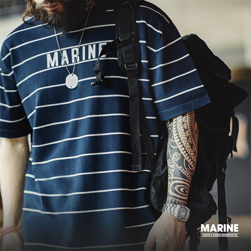 Maden Retro contrasting striped letter print half sleeved Sea Soul T-shirt
