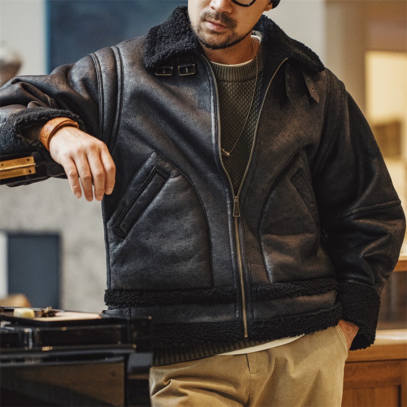 MADEN Retro B3 Bomber Fur Integrated Fleece Biker Suede Jacket