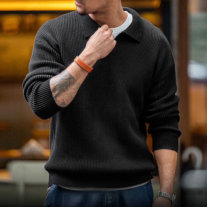 MADEN Magi Retro Lapels Knitwear Vertical Woven Sunken Stripe Polo Shirt Lazy Pullover Sweater