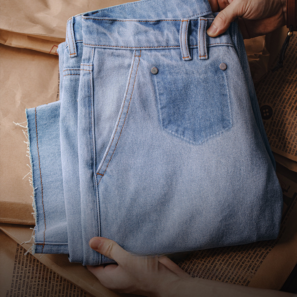 American Retro Washed Blue Pure Cotton Fringed Straight Leg Casual Dad Denim Jeans