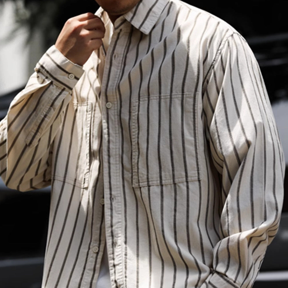 Casual dyed pure cotton striped shirt for men, vintage style, contrasting long sleeved shirt jacket
