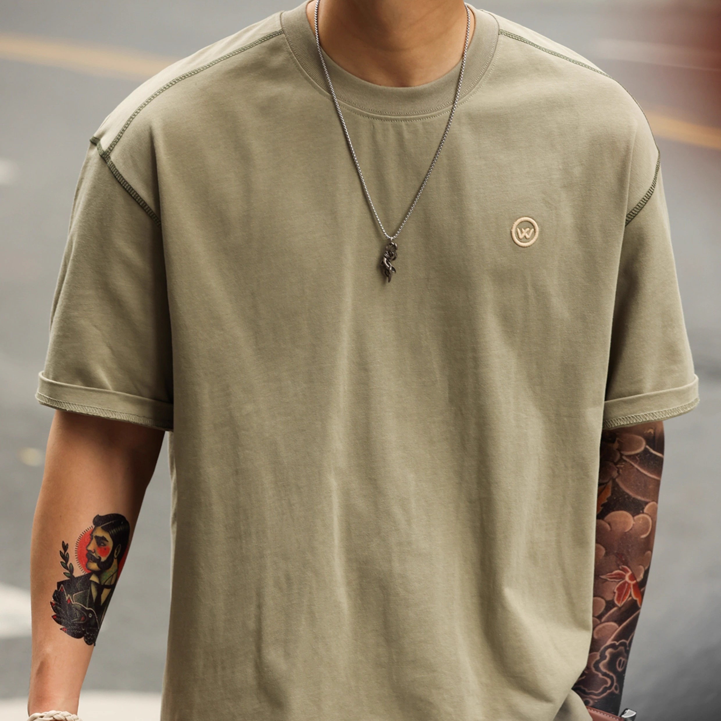 Summer American 300g pure cotton men's casual embroidered T-shirt