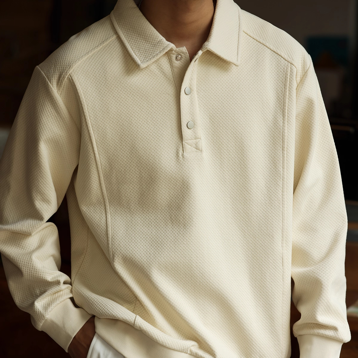 American Style Minimalist Patchwork Men's 380g Long Sleeved Polo Shirt