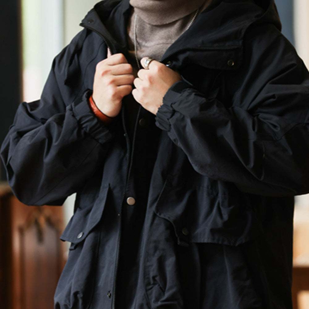 Retro mountain style workwear jacket, loose sports large pocket windproof hooded jacket