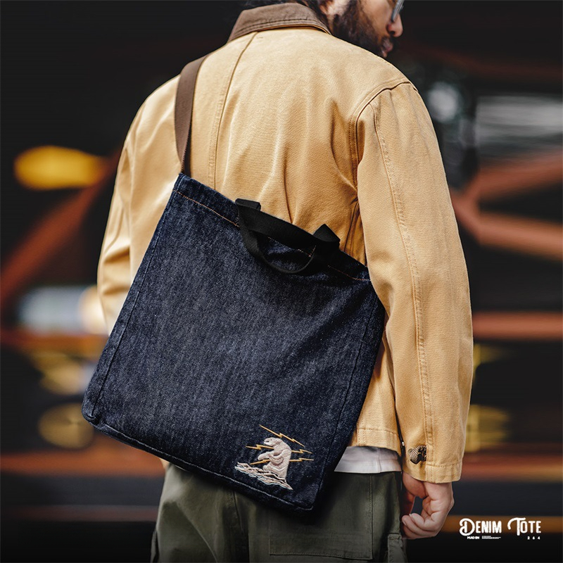 Maden Vintage Denim One Shoulder Crossbody Bag Denim Embroidery Large Capacity Handheld Flat Tote Bag