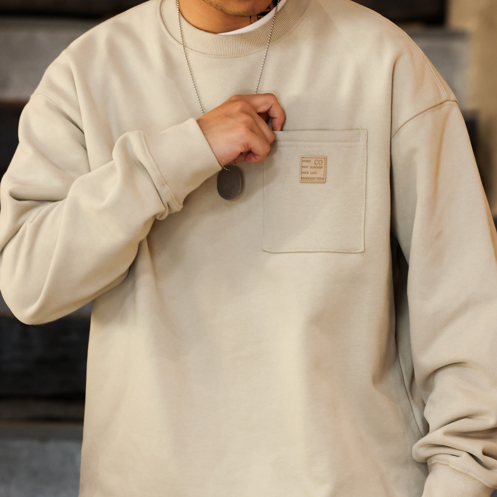 Casual round neck hoodie for men, loose loop bottom fleece fleece vintage base coat