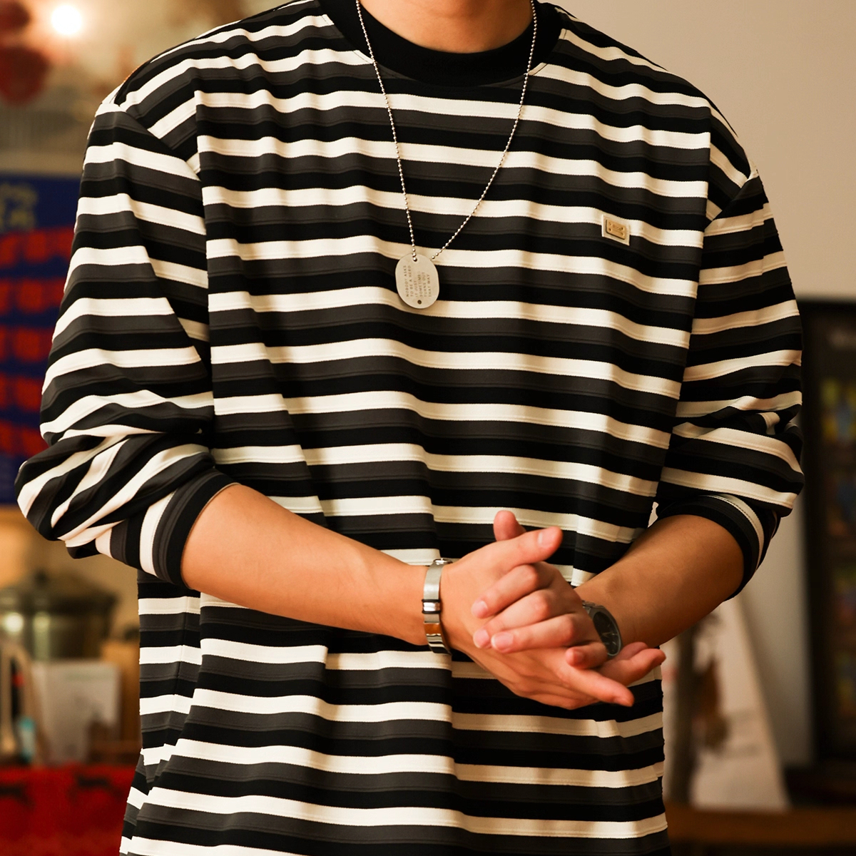 American Retro Three-Dimensional Men's 280g Contrasting Striped Knitted Long Sleeved T-Shirt