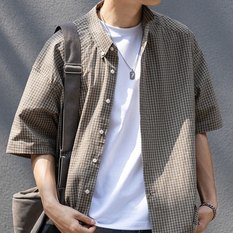 Summer men's plaid pure cotton casual loose short sleeved shirt