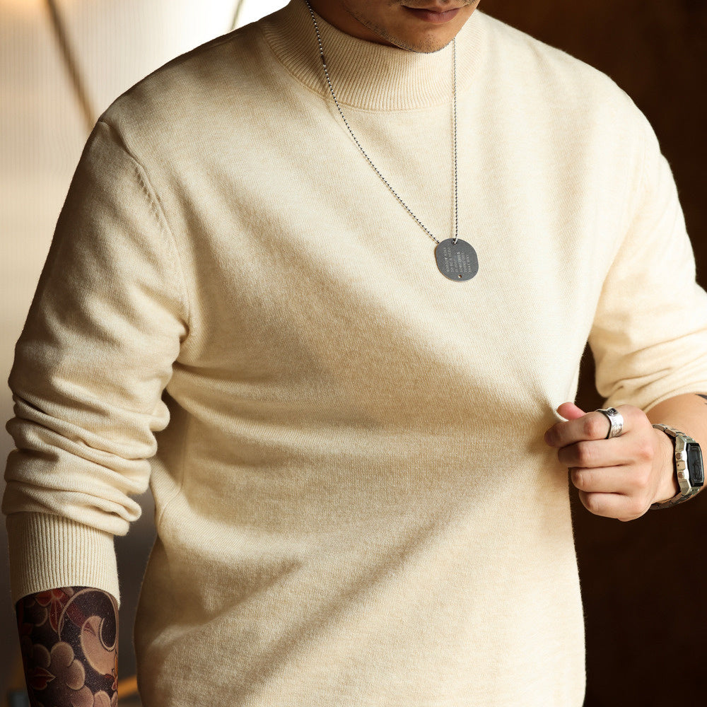 Casual semi high neck sweater for men, warm and paired with Amikhaki long sleeved knitted base sweater