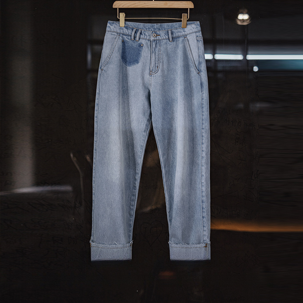 American Retro Washed Blue Pure Cotton Fringed Straight Leg Casual Dad Denim Jeans