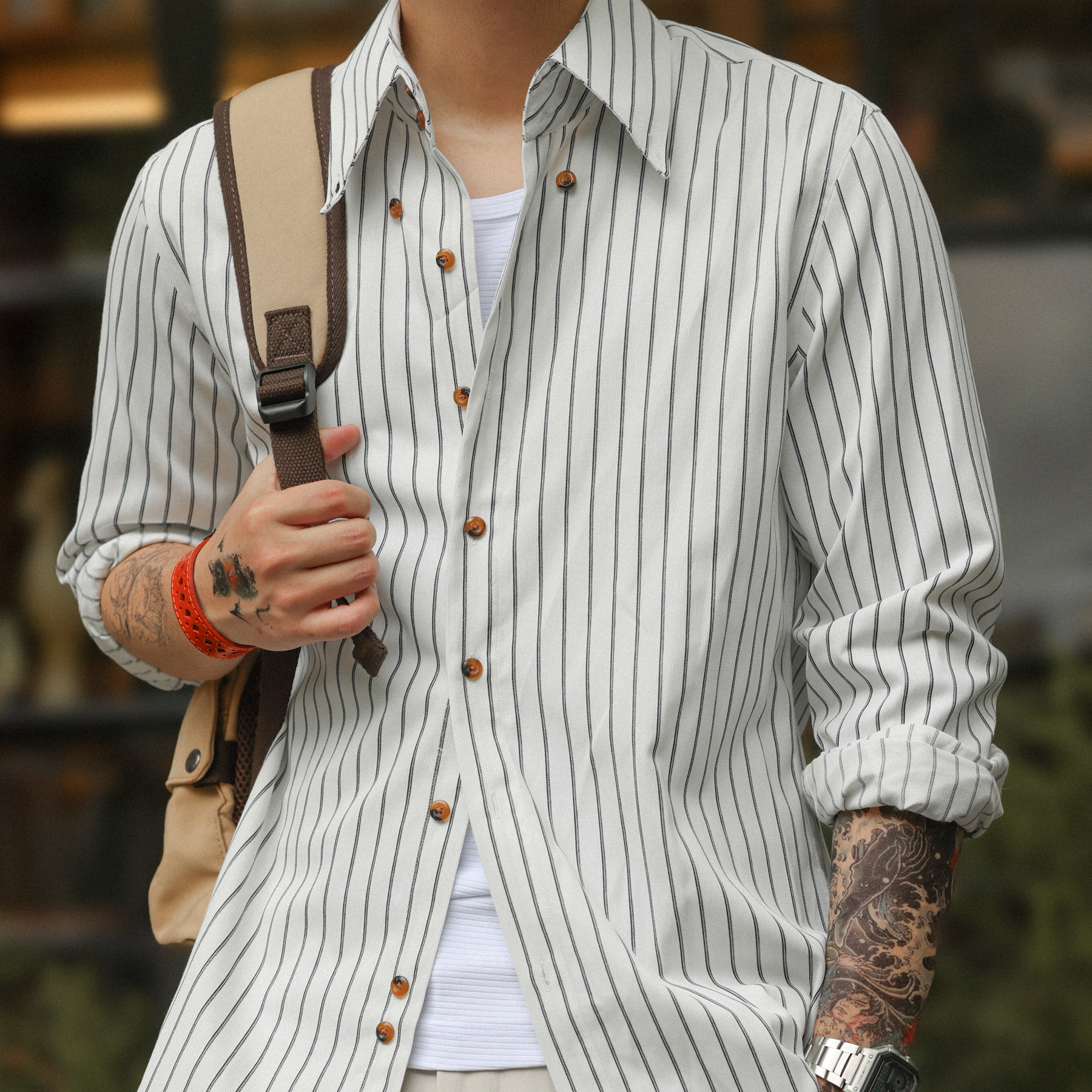 American Retro Thin Coffee Striped Men's  Slim Fit Commuting Casual Shirt