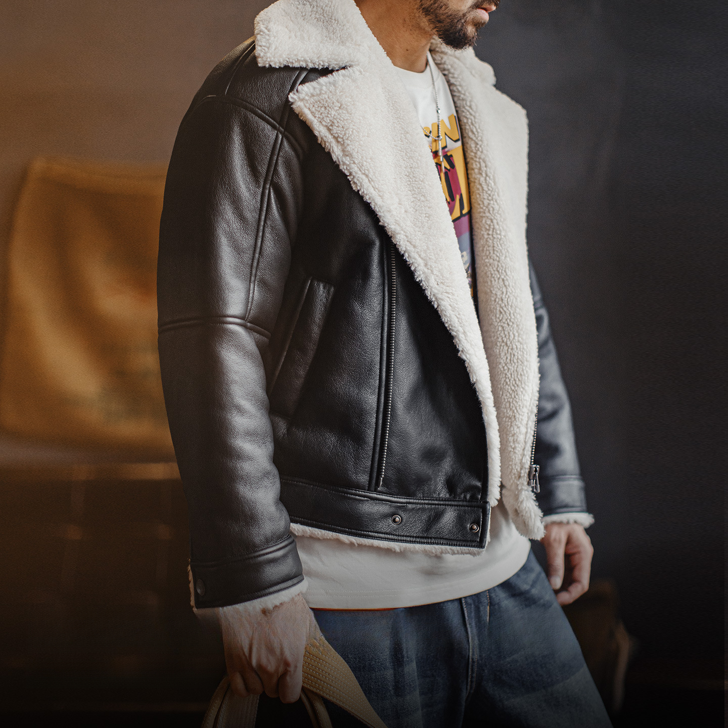 American G1bomber Imitation Lamb Fleece Lychee Pattern Warm Jacket