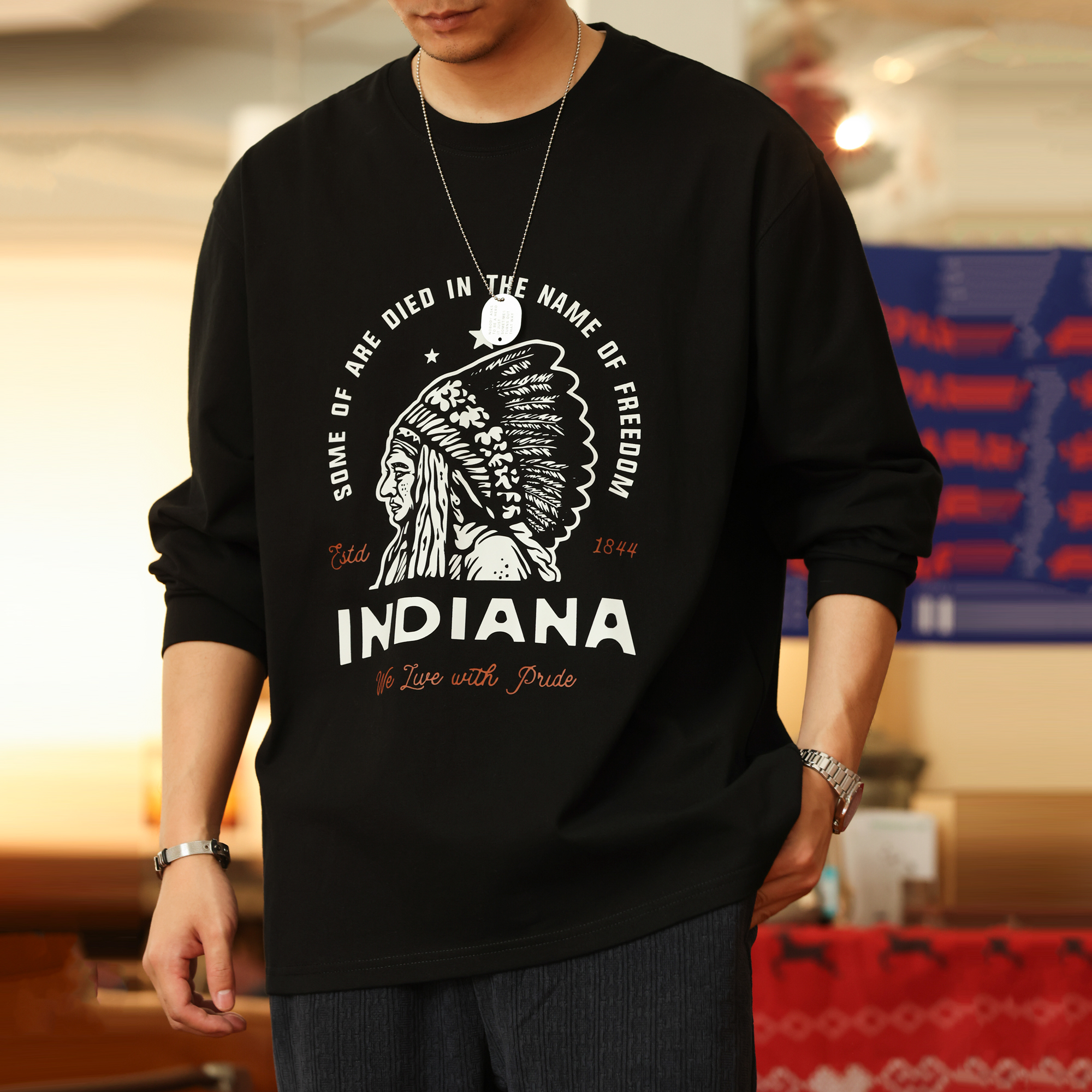 American Retro Indian Chief Portrait Print Men'S Loose Round Neck Long Sleeved T-Shirt
