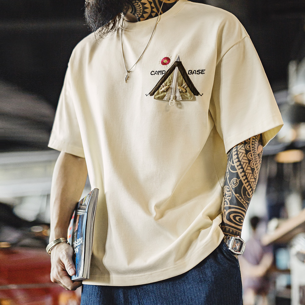 American Creative Embroidered Off White Cotton Thread Collar T-shirt