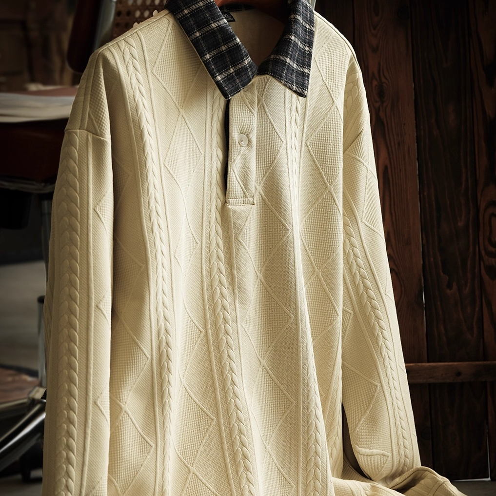 American Casual Knitted Texture Men'S Contrasting Plaid Lapel Long Sleeved Polo Shirt