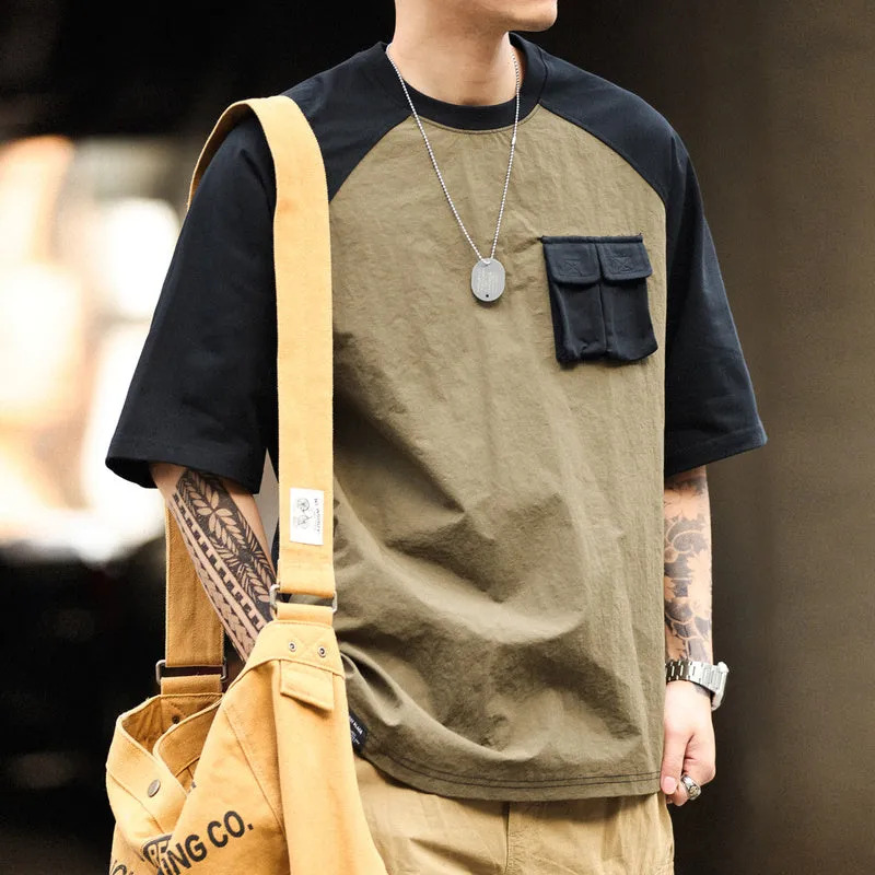 American retro sports men's loose outdoor casual patchwork pocket short sleeved T-shirt