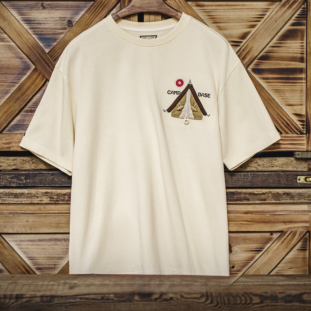 American Creative Embroidered Off White Cotton Thread Collar T-shirt