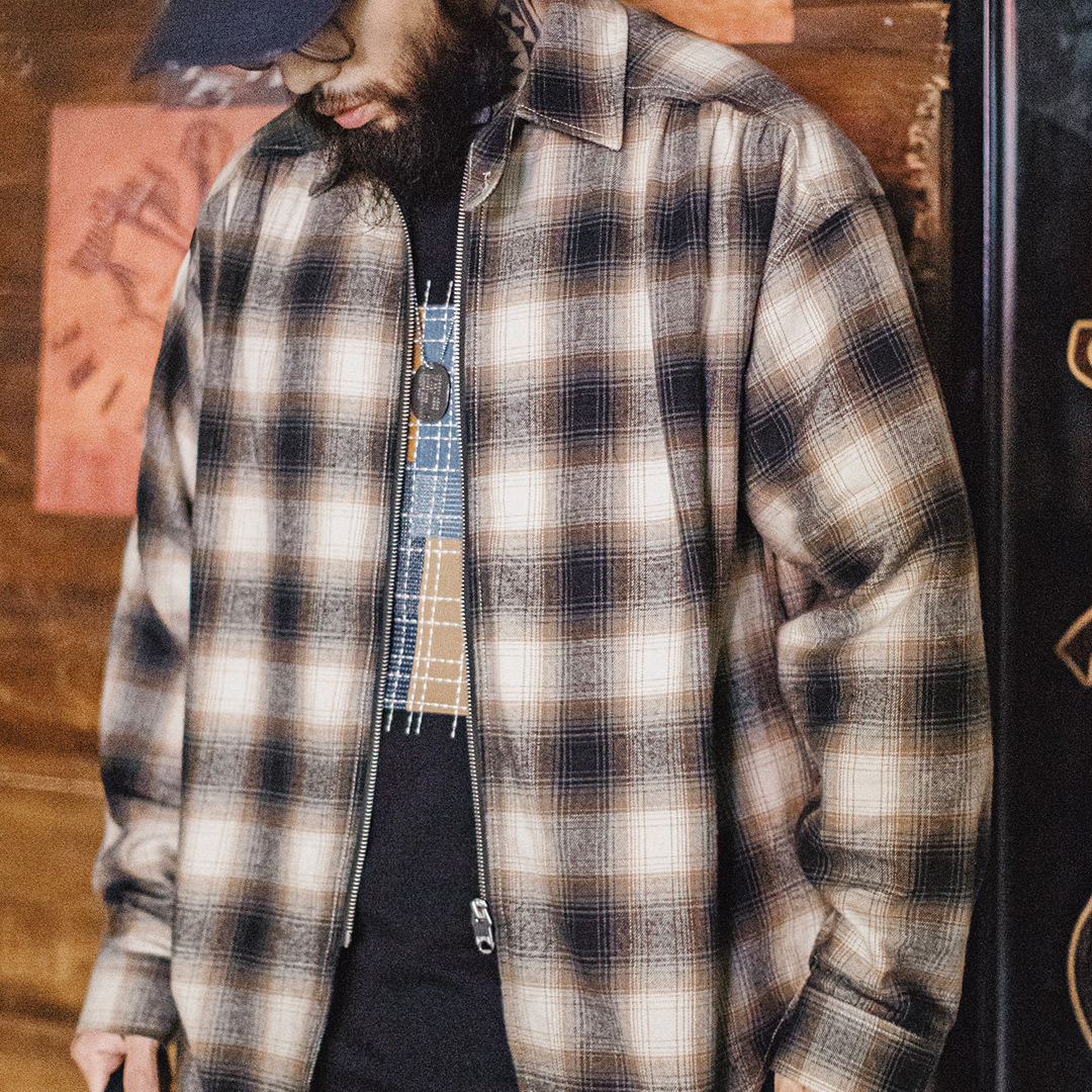 American Retro Plaid Lapel Plaid Pure Cotton Long Sleeved Zipper Shirt