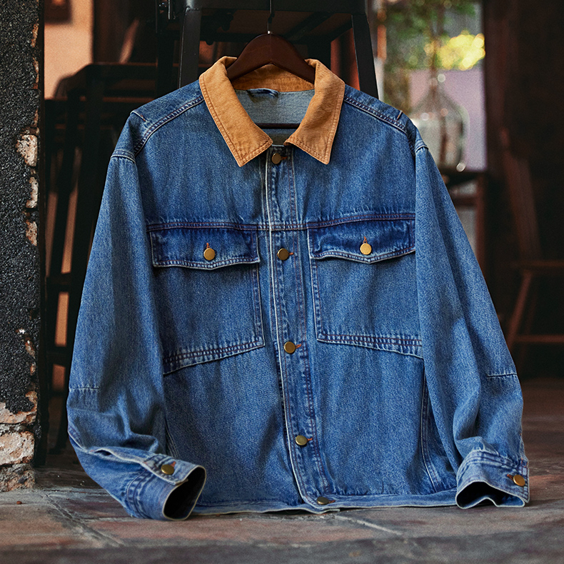 American Retro Contrasting Corduroy Men'S New Loose Collared Denim Jacket