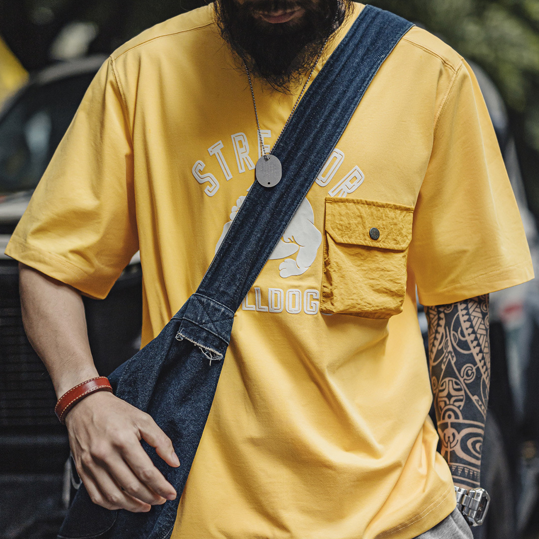 American printed men's loose shoulder sleeves with ginger thread collar pockets T-shirts