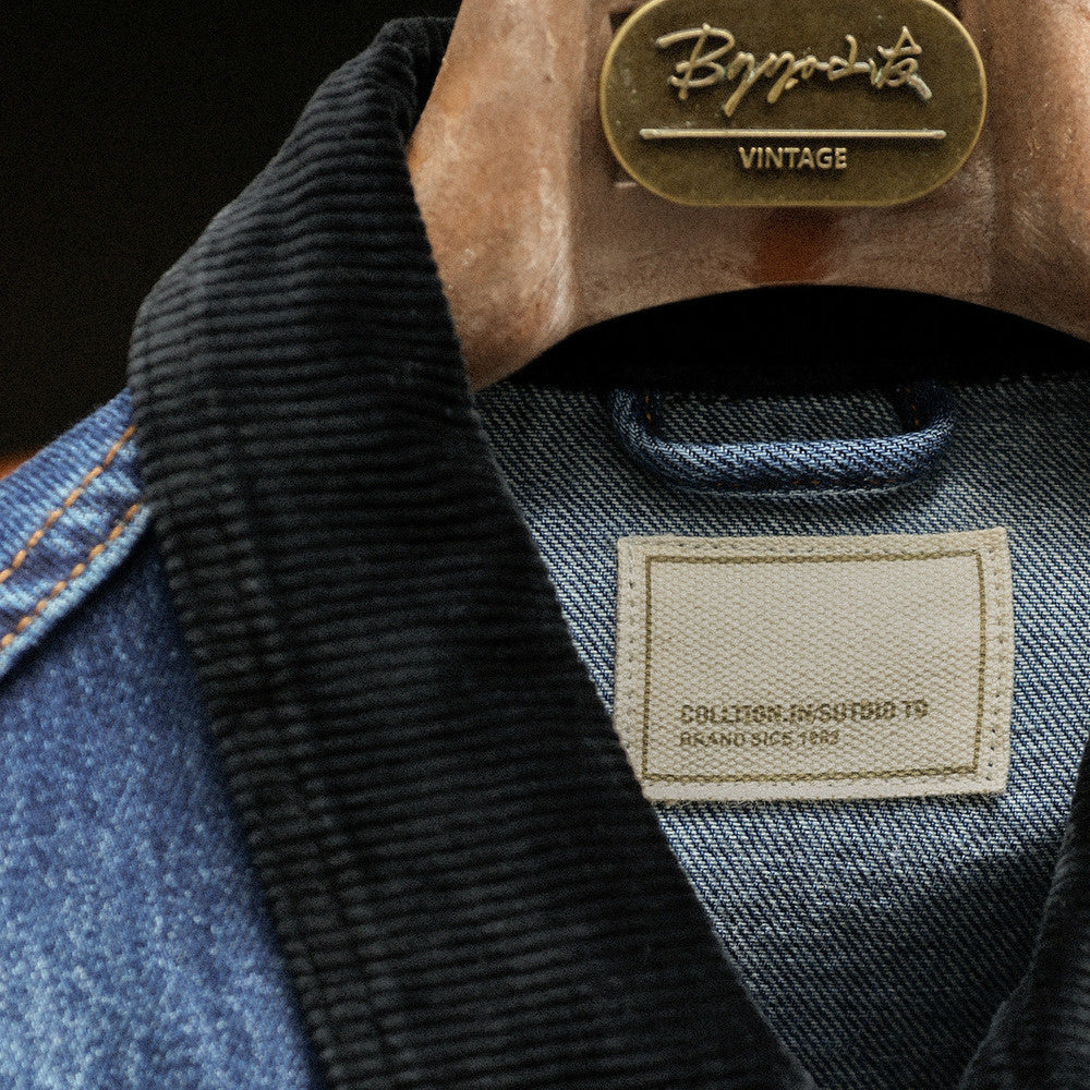 Stone washed denim jacket with loose corduroy patchwork collar, casual vintage jacket