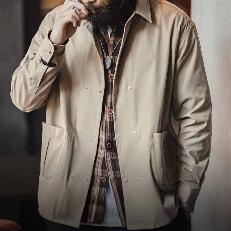 Maden casual herringbone double breasted long sleeved shirt versatile commuting collar white shirt