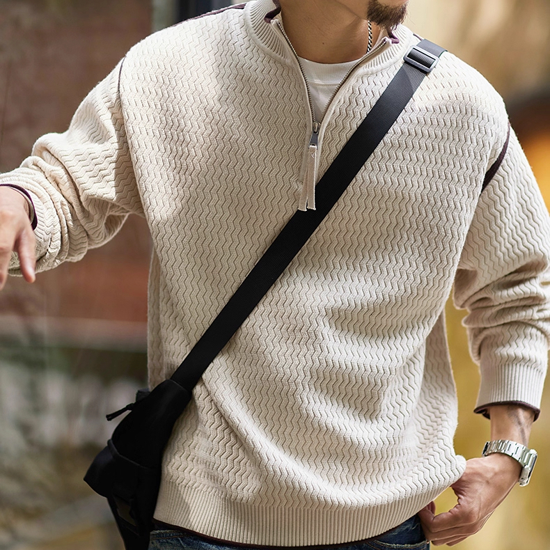 2025 New Men's Loose Casual Stand up Collar Half Zipper Color blocked Knitted Polo shirt