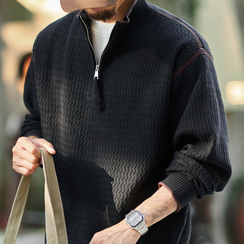 2025 New Men's Loose Casual Stand up Collar Half Zipper Color blocked Knitted Polo shirt