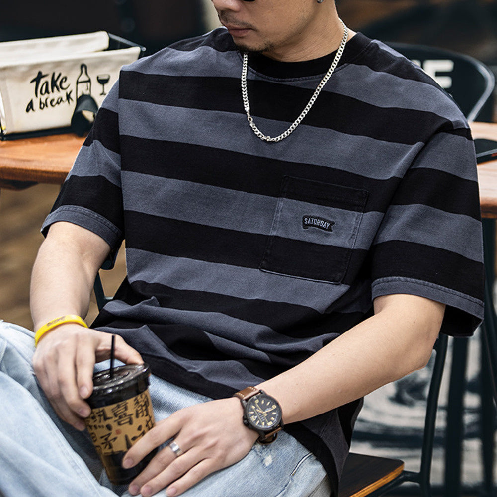 Summer American pure cotton striped men's loose round neck T-shirt